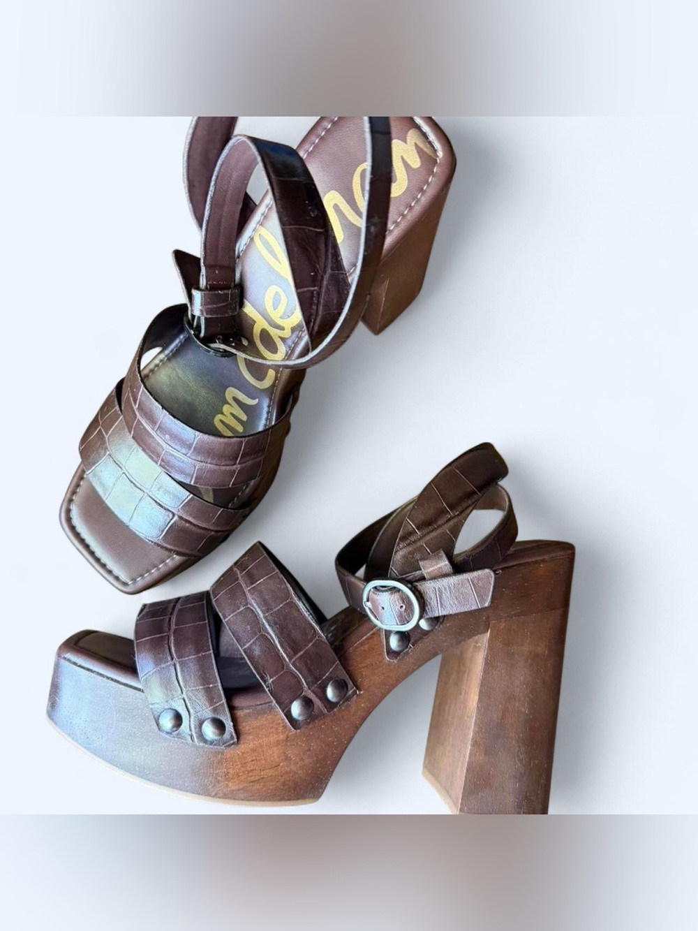 Sam Edelman Brown Croc-Embossed Leather Platform Sandals 37 size 7
